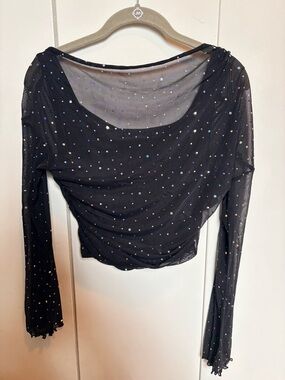 Women's Black Mesh Long-Sleeve Top with Iridescent Dots